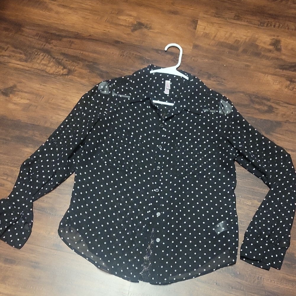 Xhilaration Black Sheer Blouse with White Polka Dots